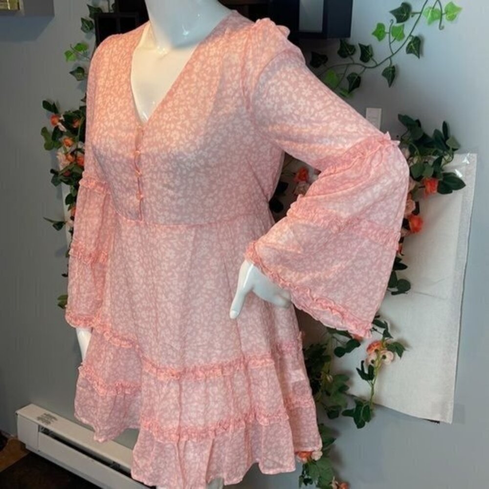 Cupshe Boho Style Varadero‎ Pink V-neck Bell Sleeve Romantic Ditsy Dress size L - Picture 6 of 16